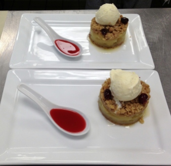 Adv. Pastry Practical Exam #2: Crystallized Ginger Apple Crisp with Apple Brandy Ice Cream and Cranberry Orange Sauce.